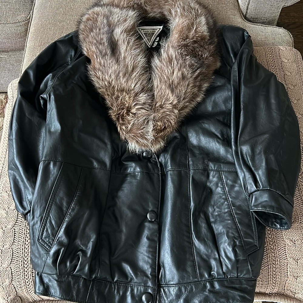 Black leather coat with faux fur collar